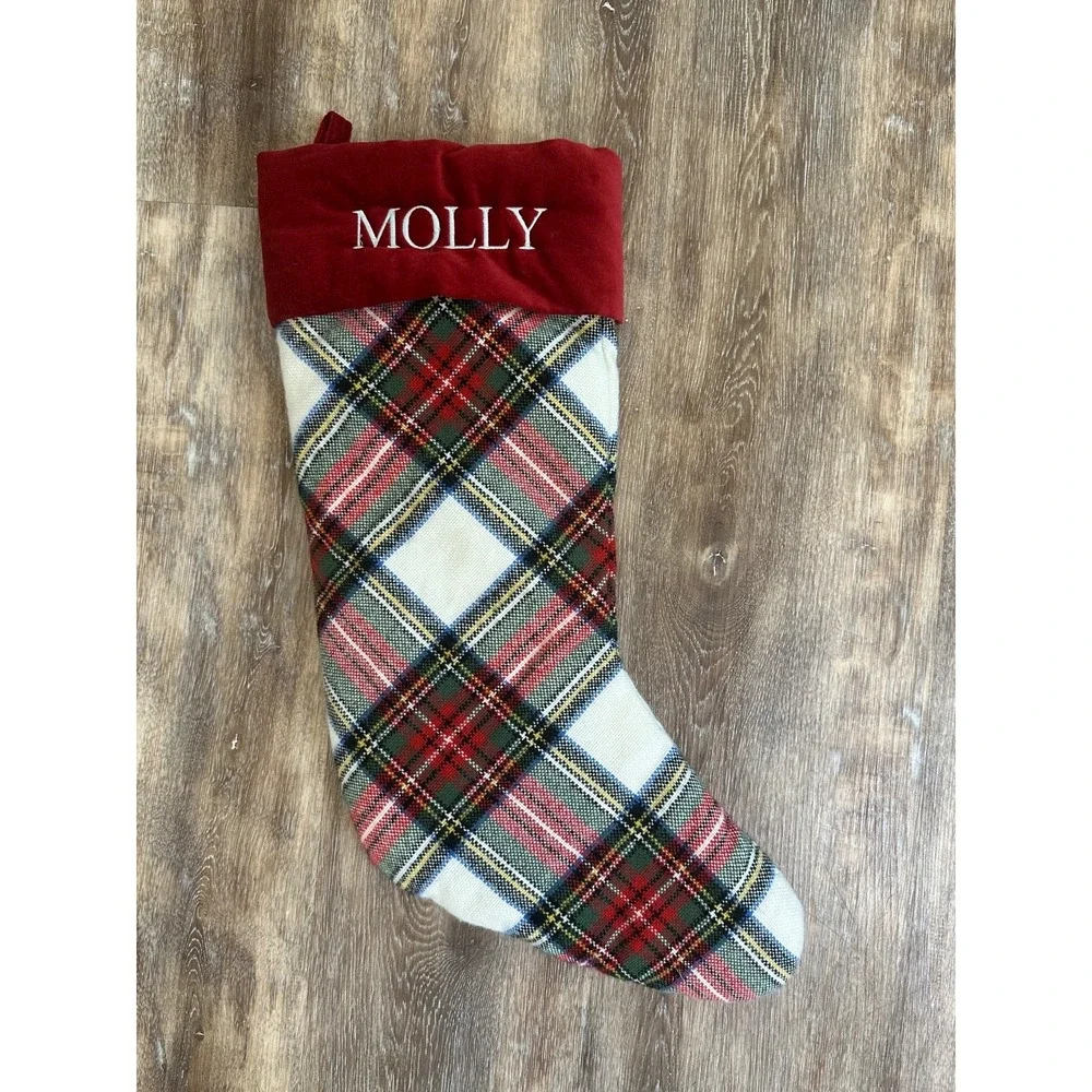 Pottery Barn Plaid Molly Christmas Stocking Red White Green Velvet Cuff Nice